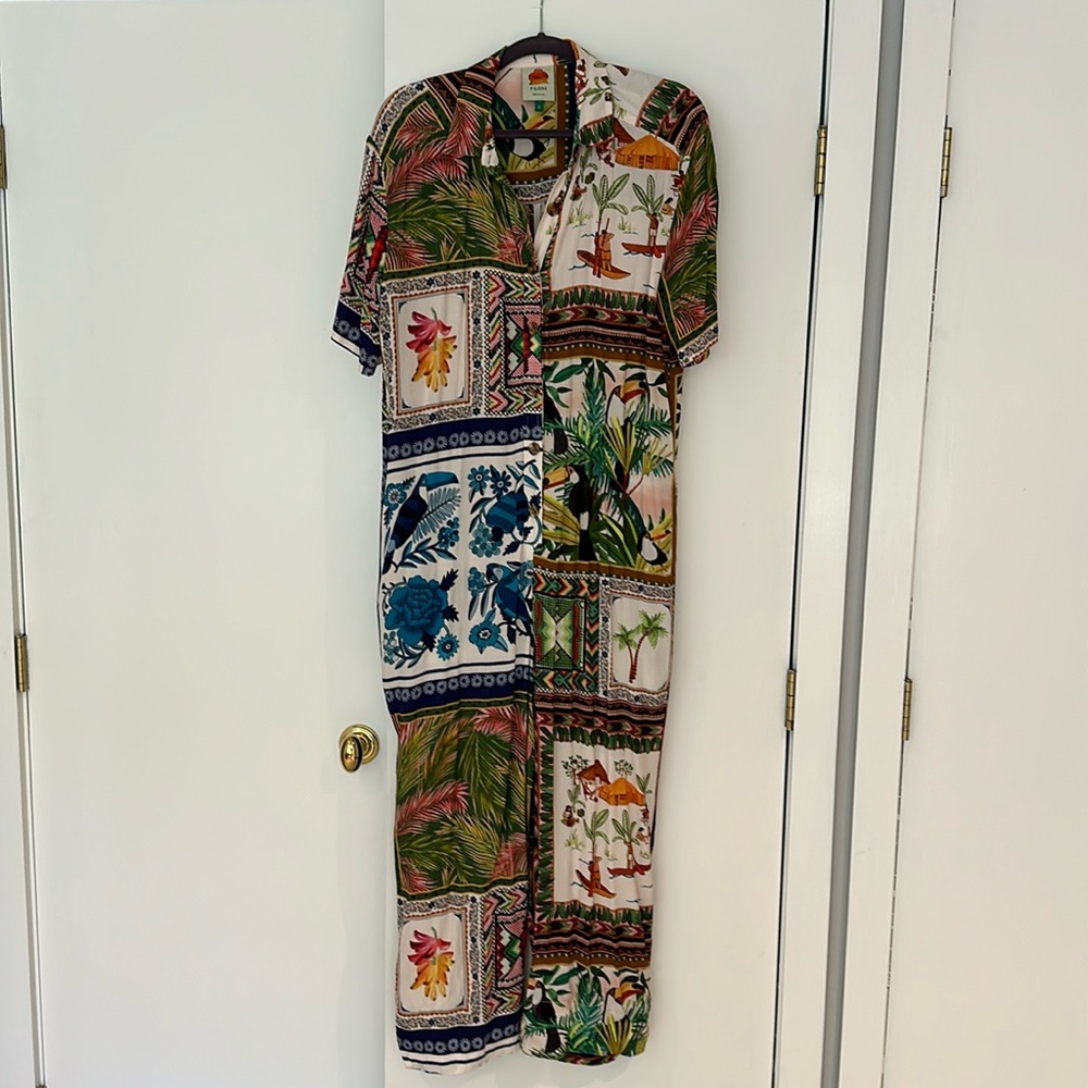 farm Rio!  Loose fitting jumpsuit fits like a medium. Wear belted or unbelted.